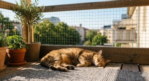 ベランダで気持ちよさそうに日向ぼっこをしている猫