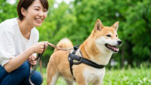 緑豊かな公園で柴犬と笑顔で散歩する日本人女性。犬はしっかりとしたハーネスを着用しており、安全で楽しい散歩の様子。