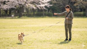 日本の広々とした草地で、ロングリードを持って笑顔で立つ日本人女性。約15メートル先から柴犬が「おいで」の合図で楽しそうに走ってくる、呼び戻しのトレーニング風景。