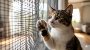 日本猫の三毛猫が丈夫なポリエステル製のペット用ネットの網戸を前足で触る様子。強化ネットの質感と、猫の爪が引っかからず破れない安全性が強調された画像。