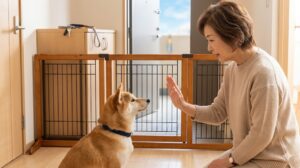 日本のアパートの玄関で、日本人女性と柴犬がペットゲートの前で向かい合っている。女性は手を広げて「マテ」のしつけをしており、ゲートと訓練で脱走を防いでいる様子。