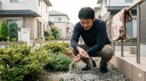 静かな住宅街の玄関先で、日本人男性が屈みながら、手に持った使用済みの猫砂を植え込みの周りに丁寧に撒いています。