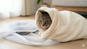 室内で大きなバスタオルに優しく包まれ、視界を遮られた猫。この状態のまま、手前の大きな洗濯ネットへ誘導する脱走防止テクニック。