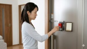 玄関ドアに印鑑とペンを常備し、荷物の受け取り時間を短縮して猫の脱走隙間を作らない日本の飼い主女性。