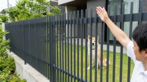 大型犬の飛び越えを防ぐために設置された1.7mの高さがある縦格子フェンス。
