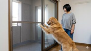_ 大型犬のゴールデンレトリバーが室内の頑丈なペット専用ステンレスネット網戸に前足をかけて体重をかけているが、網戸は破れず耐えている様子。飼い主の日本人女性が見守っている。