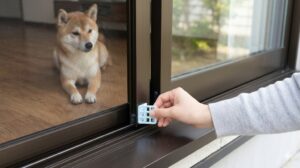 日本人女性の手が、賃貸マンションの窓サッシに100円ショップで購入した粘着式の網戸ストッパーを取り付けている様子。Shiba Inuが遠くで見ている。