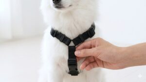 胸元に圧力を分散させるY字型ハーネスを着用した日本スピッツの接写。日本人の手がベルトの調整をしており、適切なフィット感を確認している。