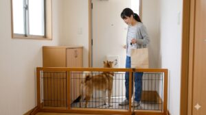 玄関ドアを開けて帰宅した日本人女性と、ペットゲートの向こうで待つ柴犬。脱走を未然に防いでいる様子。