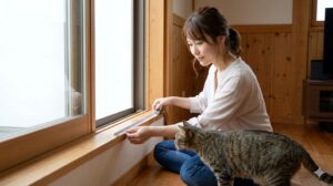 窓の隙間をメジャーで測りながら脱走対策を確認する日本人女性と、その様子を見る猫。
