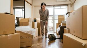 引っ越し前の荷造りで段ボールが積まれた部屋を背景に、不安そうな表情でたたずむ日本人の女性飼い主と、足元で警戒する猫。