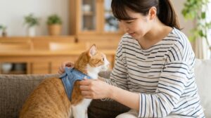 明るい室内で、日本人の女性が愛猫に脱走防止用の青いソフトハーネスを装着している。女性は猫に優しく接しており、猫も落ち着いている。