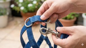 自然光の下、日本人の手が使い込まれた犬用ハーネスとリードを点検している。指先で金具付近の摩耗やナスカンのバネの動きを確認している接写。