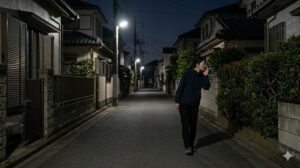深夜、人通りのない住宅街の小道を静かに歩き、周囲を気にしながら猫を捜す日本人女性