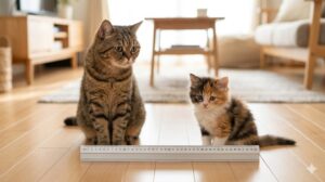 木の床に置かれた定規と、その横に並ぶ成猫（キジトラ）と子猫（三毛）。脱走防止の隙間基準（3.5cm）を視覚的に比較。