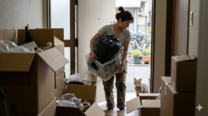 段ボールで散らかった部屋の玄関先で、不用品を持ち出そうとする日本人女性と、開いたドアの隙間から外をうかがう猫。