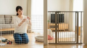 00均のワイヤーネットと結束バンドでDIYされた猫用簡易柵と、隣に設置された市販の丈夫な扉付きペットゲートを比較する日本人女性。