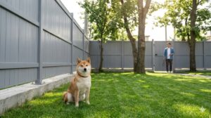 頑丈な高フェンスとコンクリートで脱走対策が施された庭に座る柴犬。