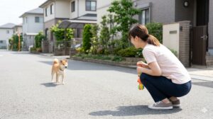 日本の閑静な住宅街で、しゃがみ込んで反対方向へ逃げるフリをする日本人女性。離れた場所にいた柴犬が不思議そうに振り返り、女性に注目している。犬の気を引いて呼び戻すテクニック。