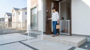 玄関ドア外側のポーチに設置された、二重の脱走防止策となる小型ゲート（ダブルゲート）。