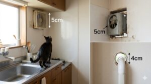 古い住宅のキッチンにある、換気扇周りの未対策な隙間。貓が興味深げに見上げている。脱走経路となり得る意外な箇所の例。