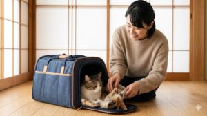 リビングの隅に置かれたキャリーバッグの中で、リラックスして毛布の上に横たわる猫と、それを見守りながら微笑む日本人の女性飼い主。