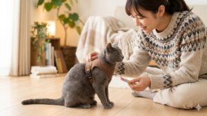 心地よい日本のリビングルームで、日本人女性が猫用の茶色いベスト型ハーネスを猫の背中にそっと触れさせ、反対の手でおやつを見せている。猫は落ち着いており、信頼関係を築きながらハーネスに慣れさせる練習をしている。