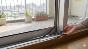 室内から見た網戸のサッシがレールから外れかけている様子。網が破れていなくてもサッシごと倒れるリスクを示唆。日本人女性の手が心配そうに触れている。