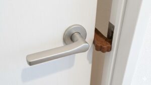 賃貸住宅の室内扉（レバーハンドル）の隙間に差し込まれた、猫の脱走や指挟みを防ぐための肉球型シリコン製ドアストッパー。