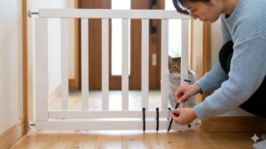 突っ張り式ゲートの下部に、ポリカーボネート板を結束バンドで固定し、床との隙間を塞ぐ日本人女性の手元。脱走防止のDIY対策の例。