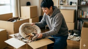 引っ越し用の段ボールに、洗っていない猫用の毛布やベッド、おもちゃを丁寧に詰め込んでいる日本人の男性飼い主。