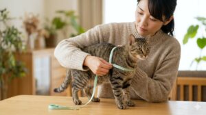 明るい日本の家庭で、日本人の女性が、四つ足で自然に立っているキジトラ猫の胴回りを、柔らかいメジャーを使って正確に計測している。猫は落ち着いており、女性の手は優しく添えられている。