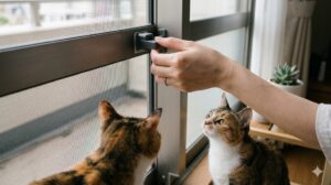 日本人女性の手が、閉まった網戸の上部サッシに100円ショップの補助錠（サッシロック）を取り付け、ロックをオンにしている様子。猫の目線より高い位置に設置。
