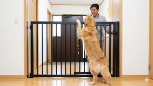 頑丈なスチール製のハイタイプペットゲート。ゴールデンレトリバーが前足をかけてもびくともせず、日本人男性の飼い主が安心している。