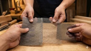 ペット用網戸の素材サンプル（樹脂コーティング、ステンレス、グラスファイバー）を手に持ち比較する日本人男性の手元。それぞれの強度の違いを確認できる。