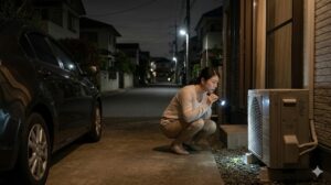 夜間、駐車中の車の下やエアコンの室外機周辺を懐中電灯で照らし、猫を捜す日本人女性