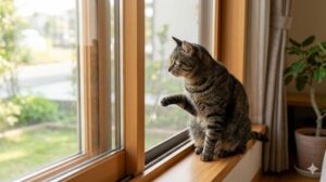 窓辺に座るキジトラ猫と、半開きになった窓の網戸。猫が外を気にしており、網戸ストッパーでの固定が必要な状況。