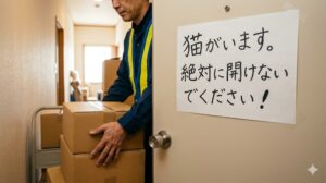 閉まったバスルームのドアに、日本語で「猫がいます。絶対に開けないでください！」と書かれた張り紙と、作業をする日本人スタッフの手元。