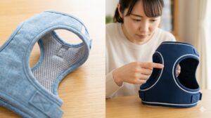 猫用ハーネスの素材の拡大。左は通気性の良いグレーのメッシュ裏地、右は反射テープが縫い付けられたダークブルーの生地。日本人の女性の手が反射テープを指し示している。機能性を重視した設計。