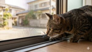 キジトラ猫が床にしゃがみ込み、網戸の最下部、ゴムパッキン周辺の僅かなほつれや隙間を目視で点検している。猫の目線から網戸の劣化を確認する様子。