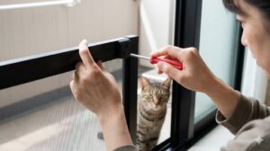 日本人女性の手がプラスドライバーを使い、網戸上部にある黒い「外れ止め」のネジを回して調整している様子。網戸がレールから外れるのを防ぐためのメンテナンス。