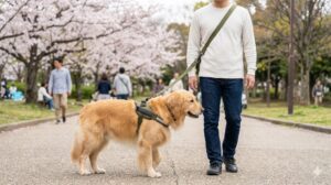 日本の公園で、ハンズフリーのショルダーリード（オリーブグリーン）を使って大型のゴールデンレトリバーを散歩させる日本人男性。両手が空いており、犬は穏やかに横を歩いている。