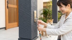 玄関先の柱に取り付けられたリードフックに、犬（柴犬）のリードを係留する様子。