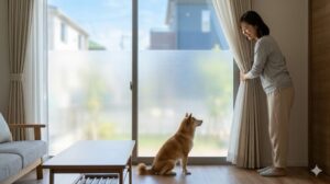 窓ガラスにすりガラス風の目隠しシートを貼った室内。Shiba Inuが静かに座っており、外の刺激を遮断し、家具も窓から離して配置されている。