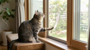 窓辺に座るキジトラ猫と、半開きになった窓の網戸。猫が外を気にしており、網戸ストッパーでの固定が必要な状況。