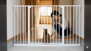 新居の玄関に設置された、白い突っ張り式のハイタイプ猫脱走防止ゲートと、その奥の廊下を眺める猫と日本人の女性飼い主。