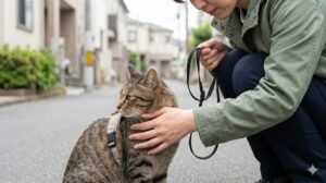 静かな住宅街の歩道で、日本人女性が猫用のベスト型ハーネスを装着した愛猫を抱き寄せている。女性の手は優しく猫の体を包み込み、リードは緩んでいる。パニック時の正しい対処法を象徴する画像。