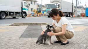 騒がしい日本の交差点付近で、雨が降り出す中、怯えた様子のミニチュアシュナウザーをしゃがんで慰める日本人女性。犬が不安を感じる環境での対応を示している。