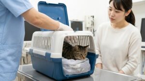 動物病院の診察台で、上部が開閉するハードキャリーに入ったまま、獣医師の手を受け入れている洗濯ネットに入った猫。パニックを防ぎ安全に診察する様子。