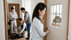 工事業者が作業を開始する前に、猫をキャリーバッグに入れ、鍵のかかる別室に完全に隔離する日本の飼い主女性。